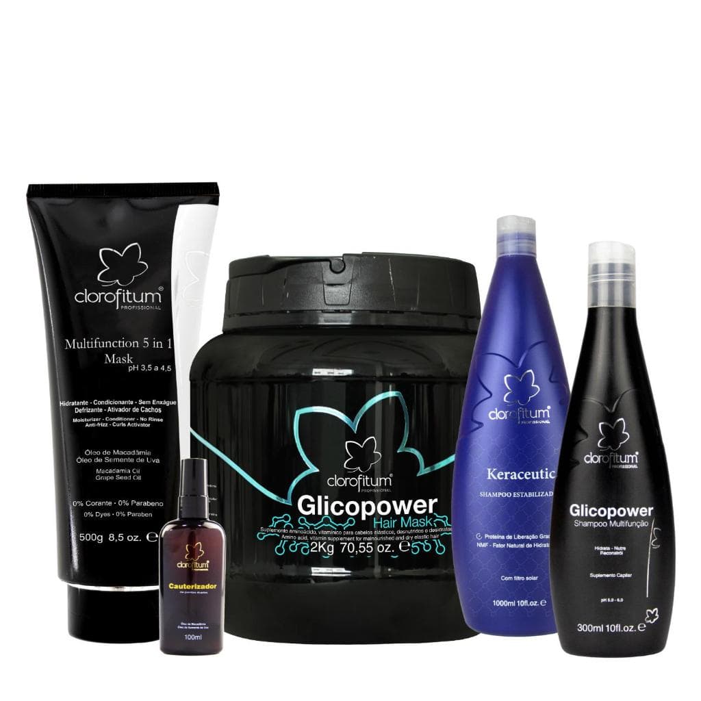 Kit Reconstrução Capilar 01 Máscara de 2kg 02 Shampoos 01Mulfunções 5 em 01 e 01 Reparador de Pontas