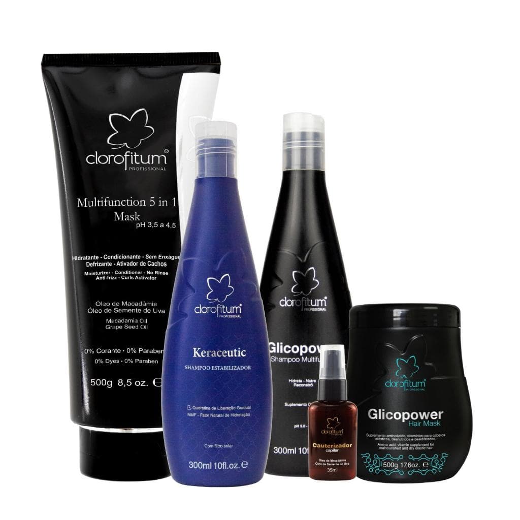 Kit Reconstrução Capilar com 5 Produtos Linha Glicopower Keraceutic e Reparador de Pontas