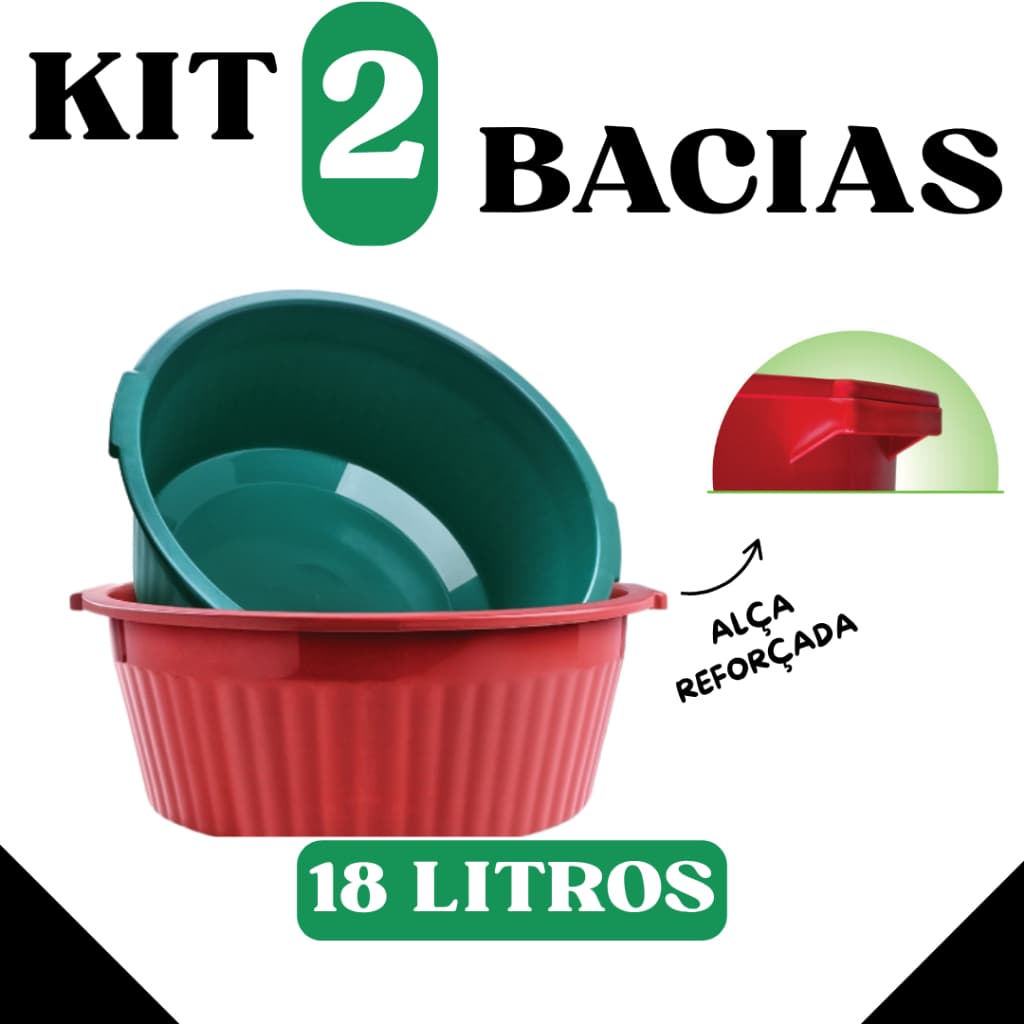 Kit com 2 Bacias Multiuso 18 Litros Caneladas Com Alças Reforçadas - Cores Sortidas - Lavanderia - TOY BA18
