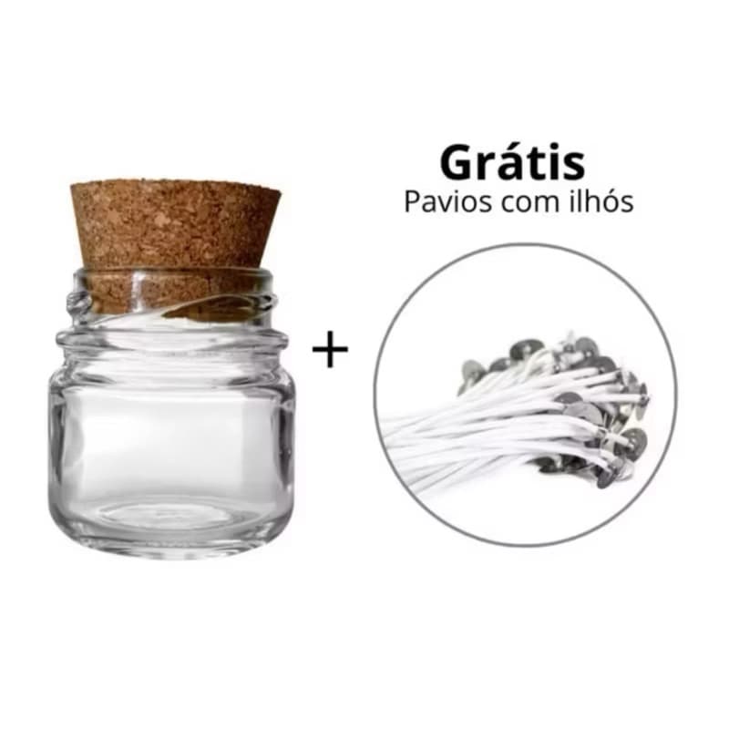 5 Potes de vidro para vela aromática com tampa de rolha cortiça 5 Pavio com ilhós parafinado lembrancinha