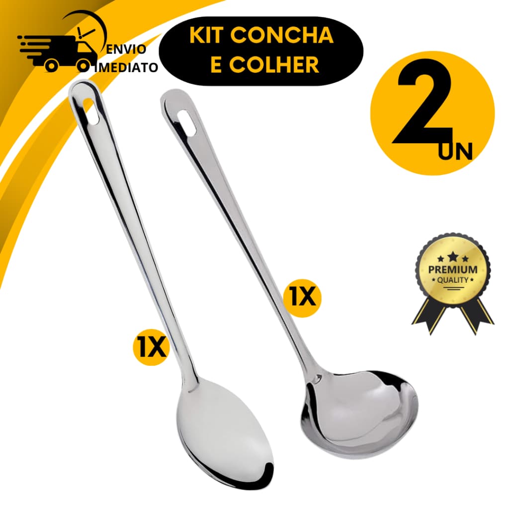 Utensílios Para Cozinha Inox 2 Peças Jogo Colher Arroz e Concha Restaurante Comida Caldo Sopa Casa