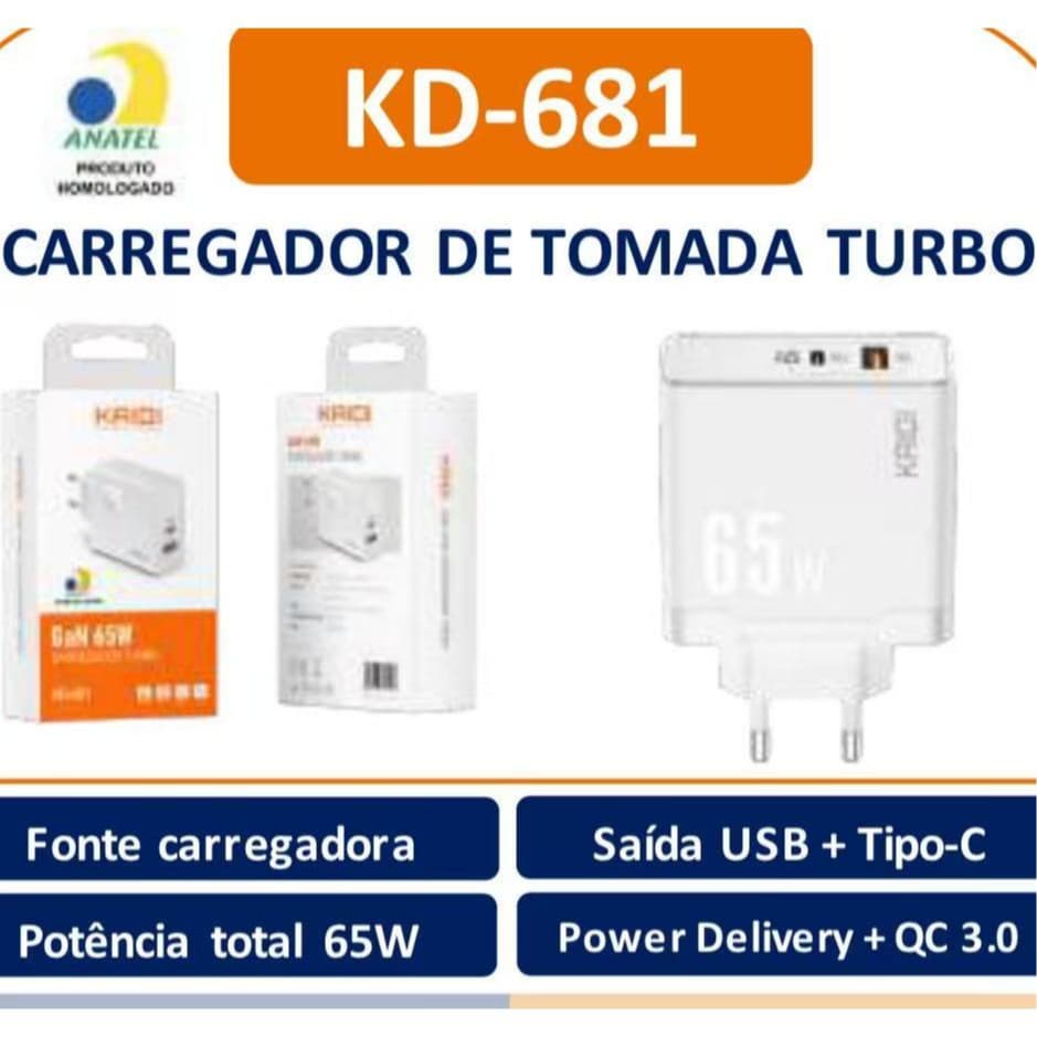 1/2/3/4 PACOTES Carregador de Tomada Fonte de Carregamento Turbo 65w com entrada Tipo-C e USB KAIDI KD-681