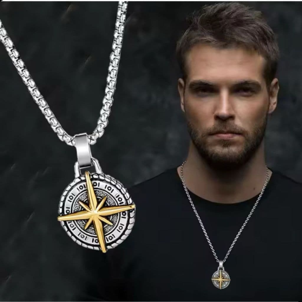Colar Masculino Bússola Aço Inox Legítimo Pingente Nórdico Cordão Viking Amuleto Rosa Dos Ventos