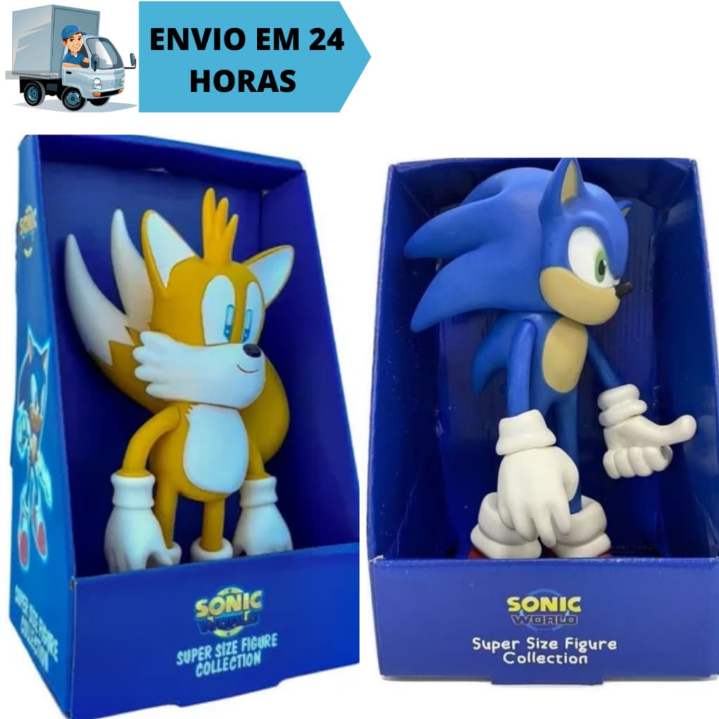 Kit 2 Bonecos Sonic E Tails 28cm Collection Grandes  Super Size Sonic World Brinquedo