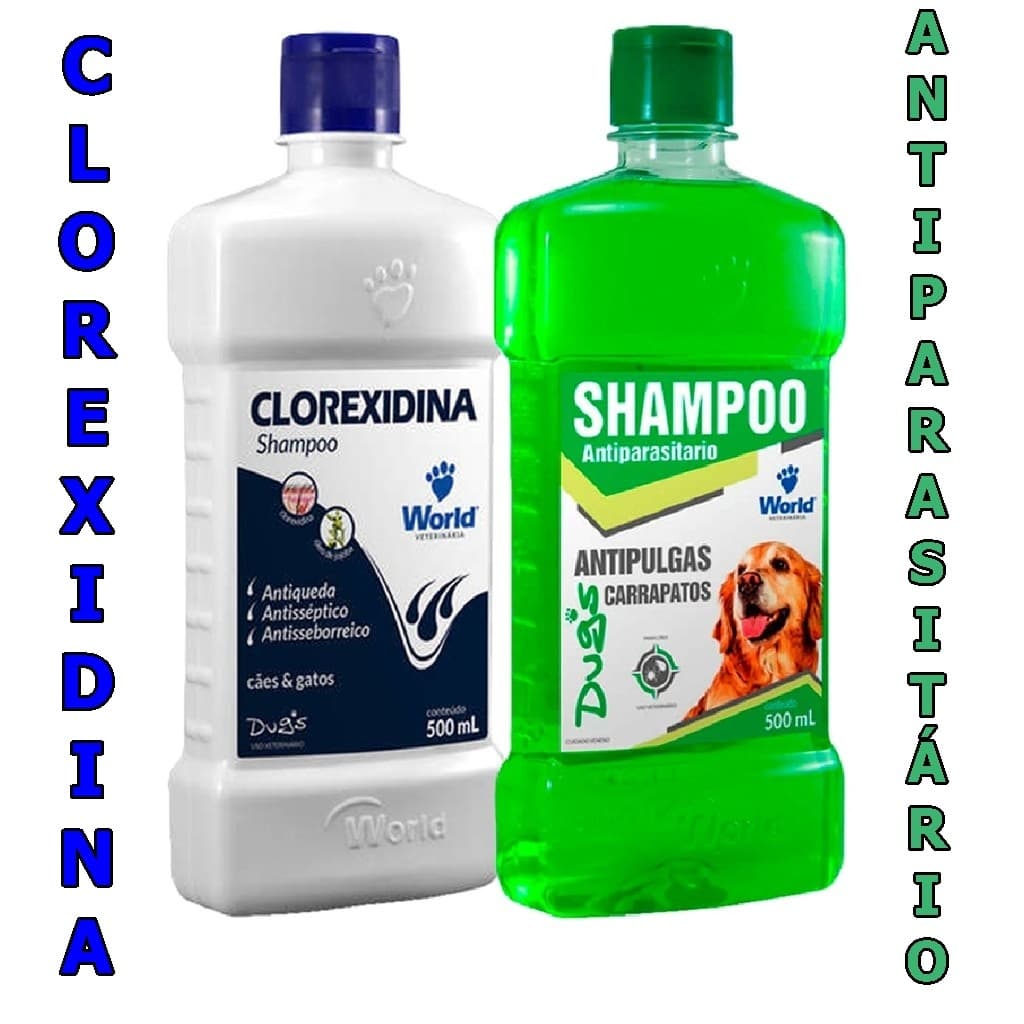 Shampoo De Clorexidina 500Ml e Shampoo Antipulgas e Carrapatos Para Cães 500mL World Veterinaria