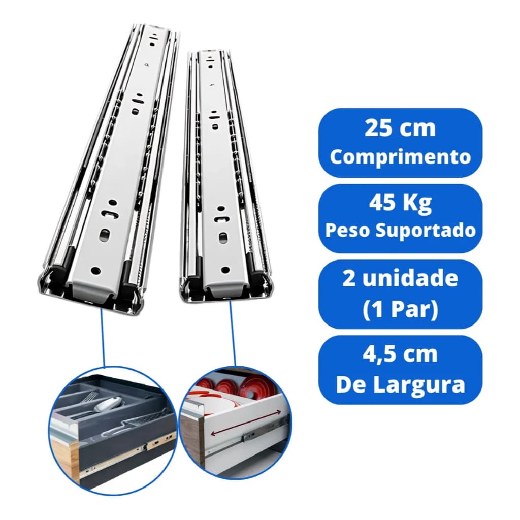 Corrediça Telescópica Larga para Gavetas 25cm | 45kg | Deslize Suave e Ultra-Resistente