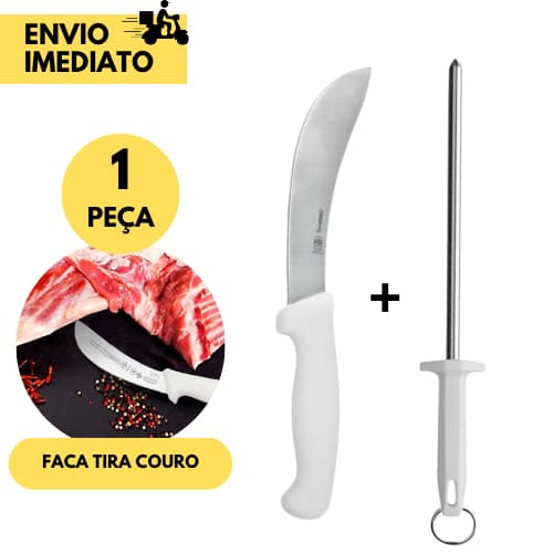 Kit 2 Faca Tira Couro Cabo Branco + Chaira 10" Profissional Afiador Corte Preciso Artesanato Couro
