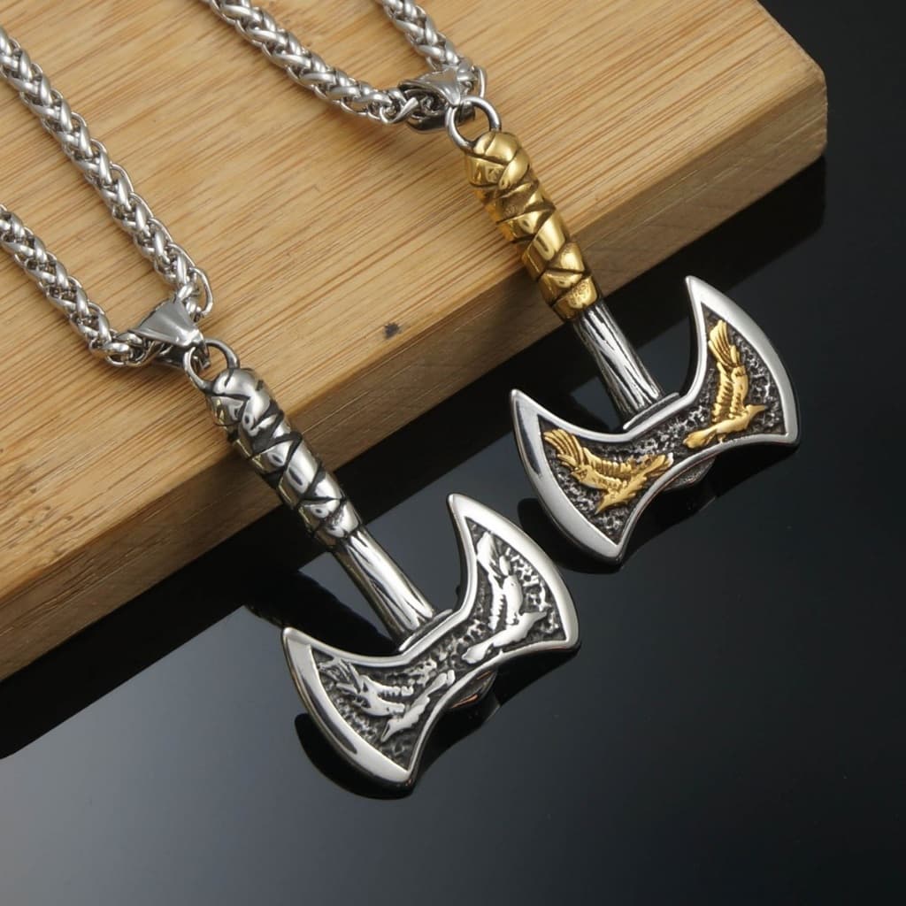 Cordão Viking Masculino Aço Inox – Colar Machado Viking com Corvos de Odin, Amuleto Nórdico Proteção