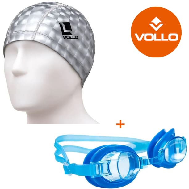 kit Óculos de Natação Infantil Classic Azul + Touca 3D PU Prata Vollo