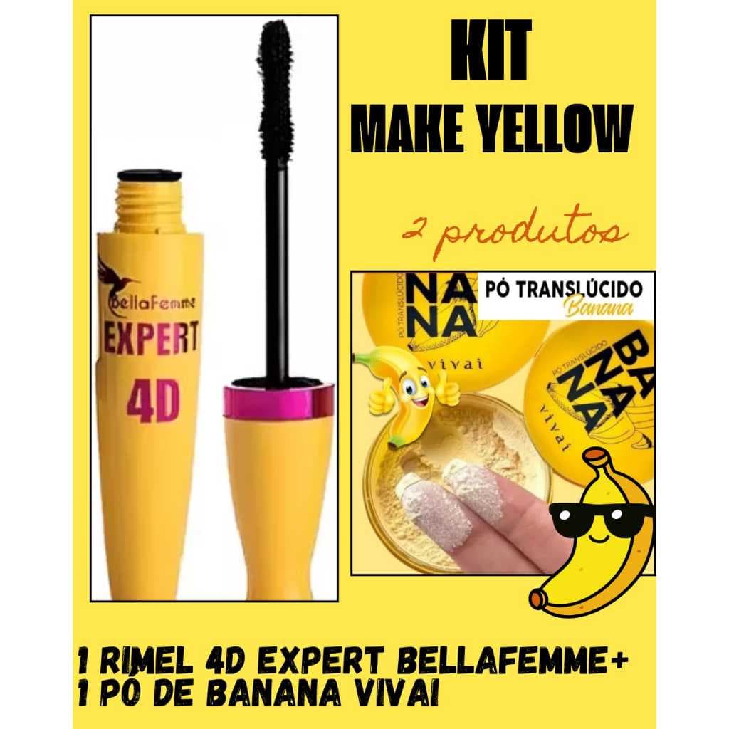 KIT MAKE YELLOW 2 PRODUTOS (1 PÓ TRANSLÚCIDO DE BANANA VIVAI + 1 RIMEL 4D EXPERT BELLAFEMME )