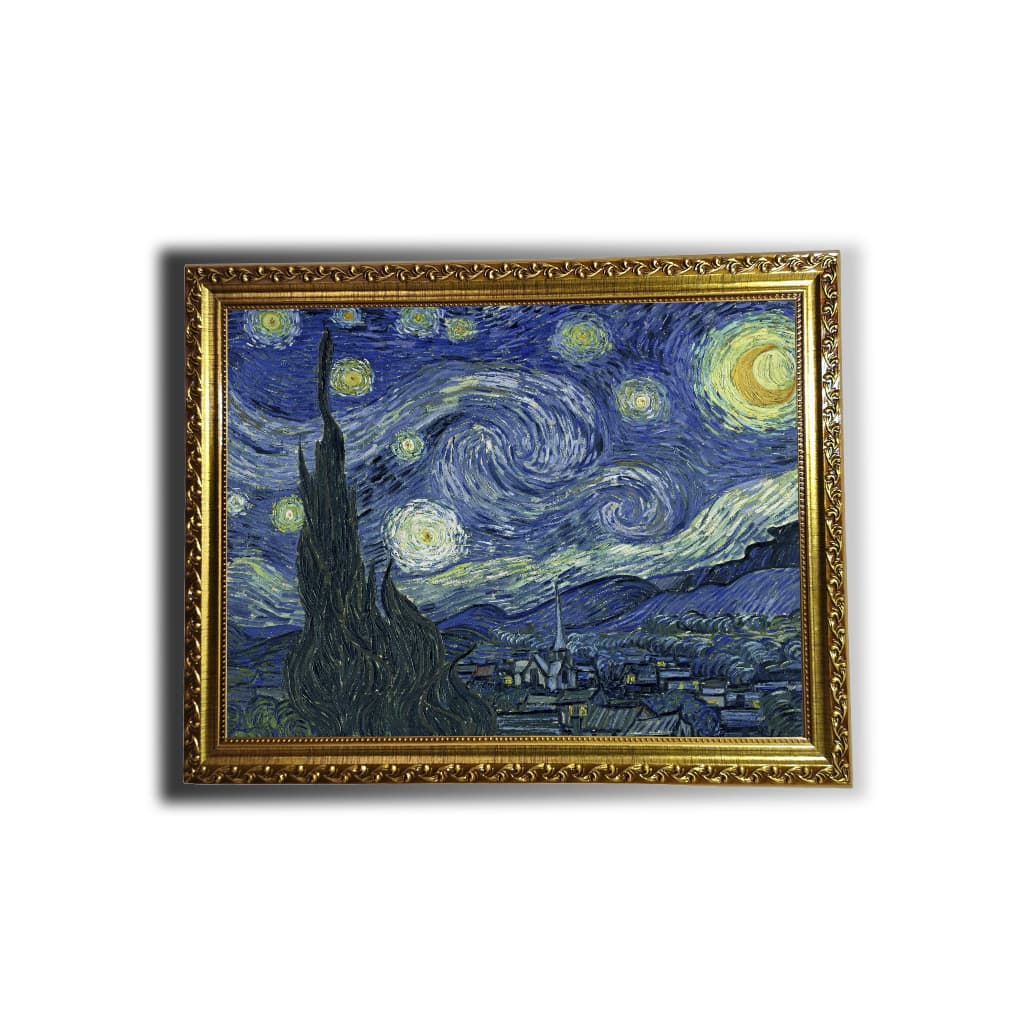 Quadro Luxo Artes Van Gogh Noite Estrelada Girassóis em Tecido Moldura Madeira Decoração