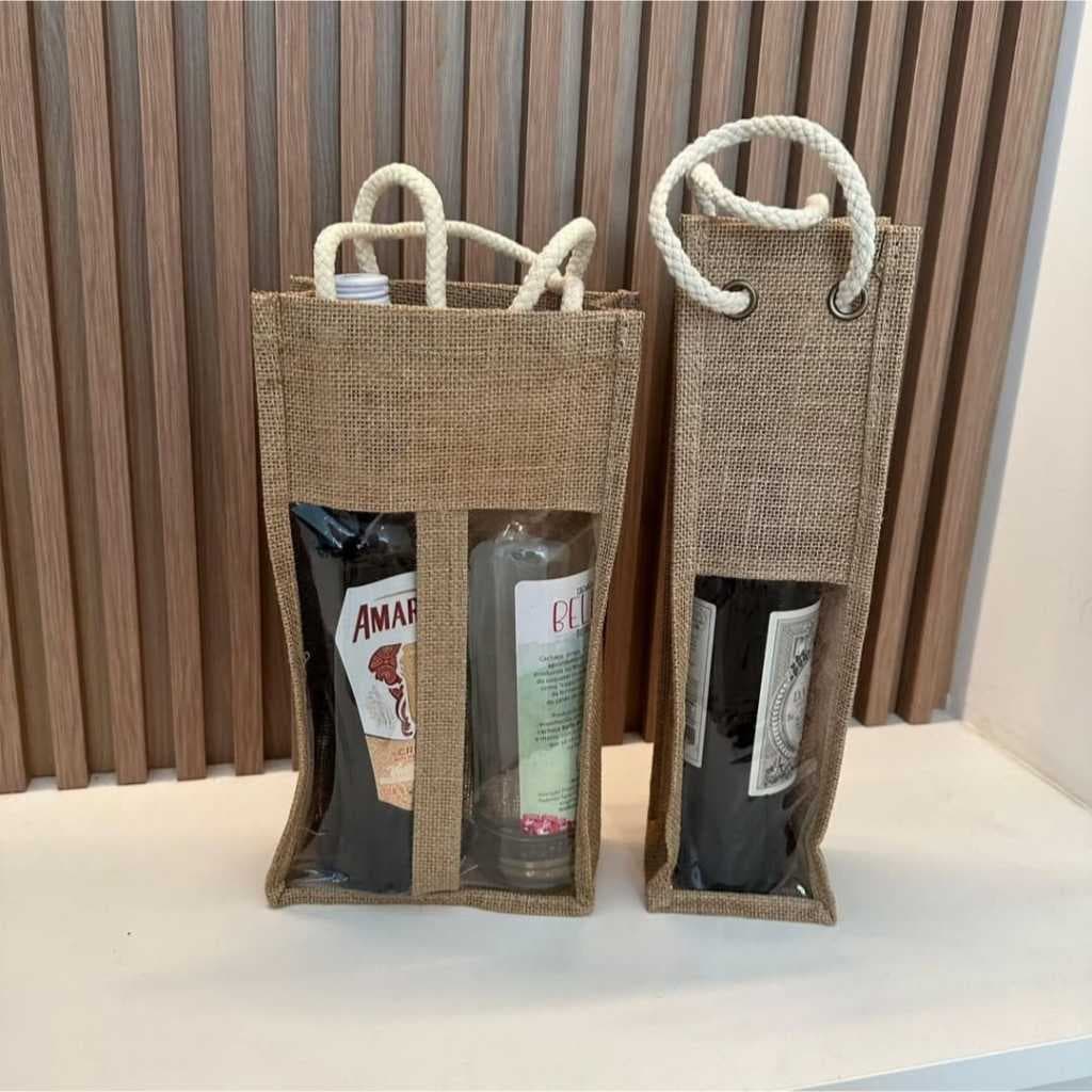 Bolsa Juta Sacola Porta Garrafa de Vinho para 1 ou 2 GARRAFAS 750ml com Divisória Transparente