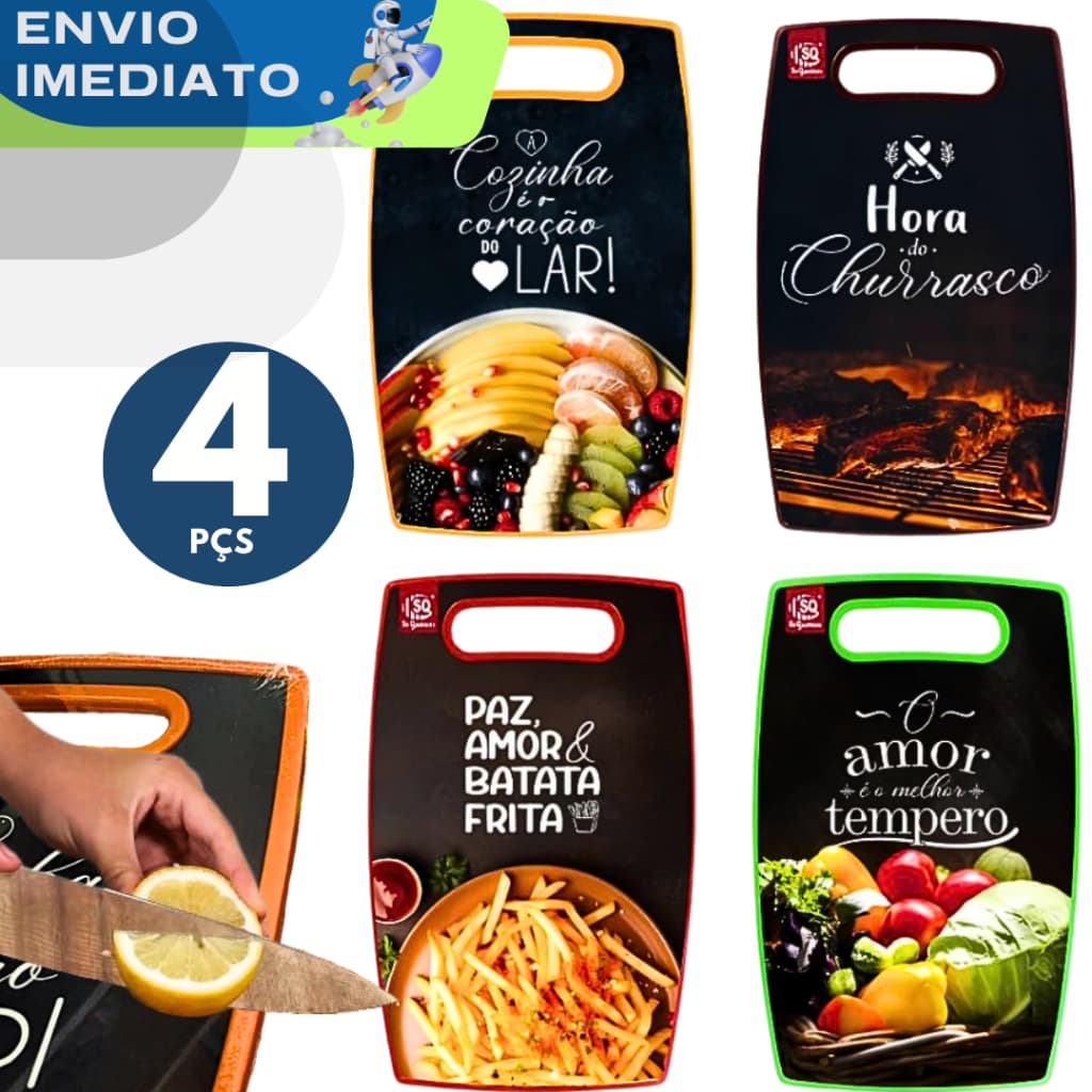 KIT 4 Tábuas de Cortar Estampada Resistente Carne Legumes Frutas Plástico Modelos Variados Utensílios Cozinha Churrasco