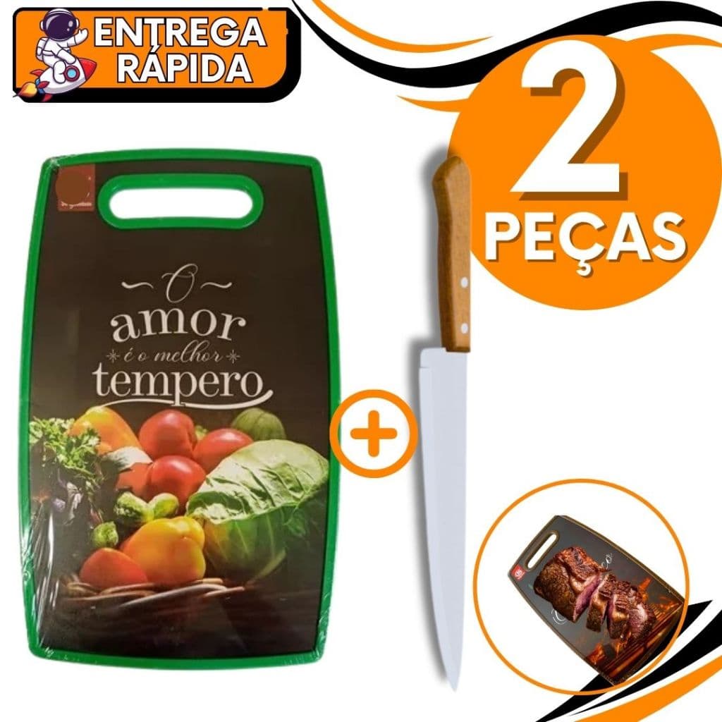 Tabua Alimentos + Faca Corte Carne Legumes Frutas Vegetais Paes Churrasco Cozinha Profissional MDF Plastico Chef