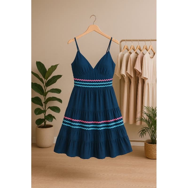 Vestido Feminino Azul Marinho com Alças Finas e Estampa Colorida promoção