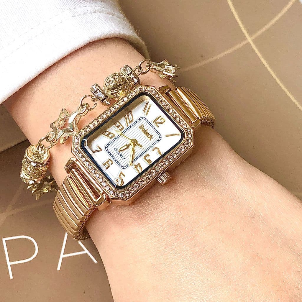 Rel贸gio de Pulso Feminino Quartz Mini Pulseira El谩stica Anal贸gico聽Prata Rosas de ouro