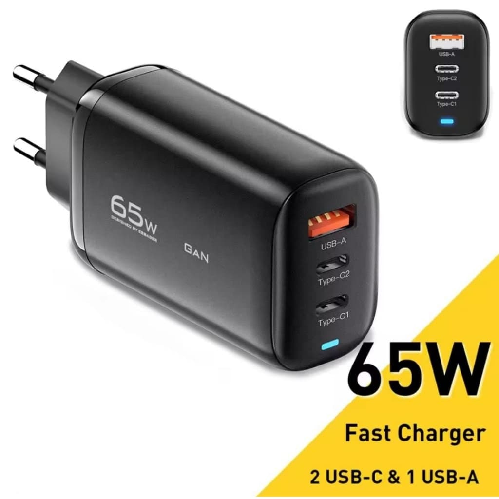Essager Carregador Turbo 65w Gan USB tipo C 3 portas