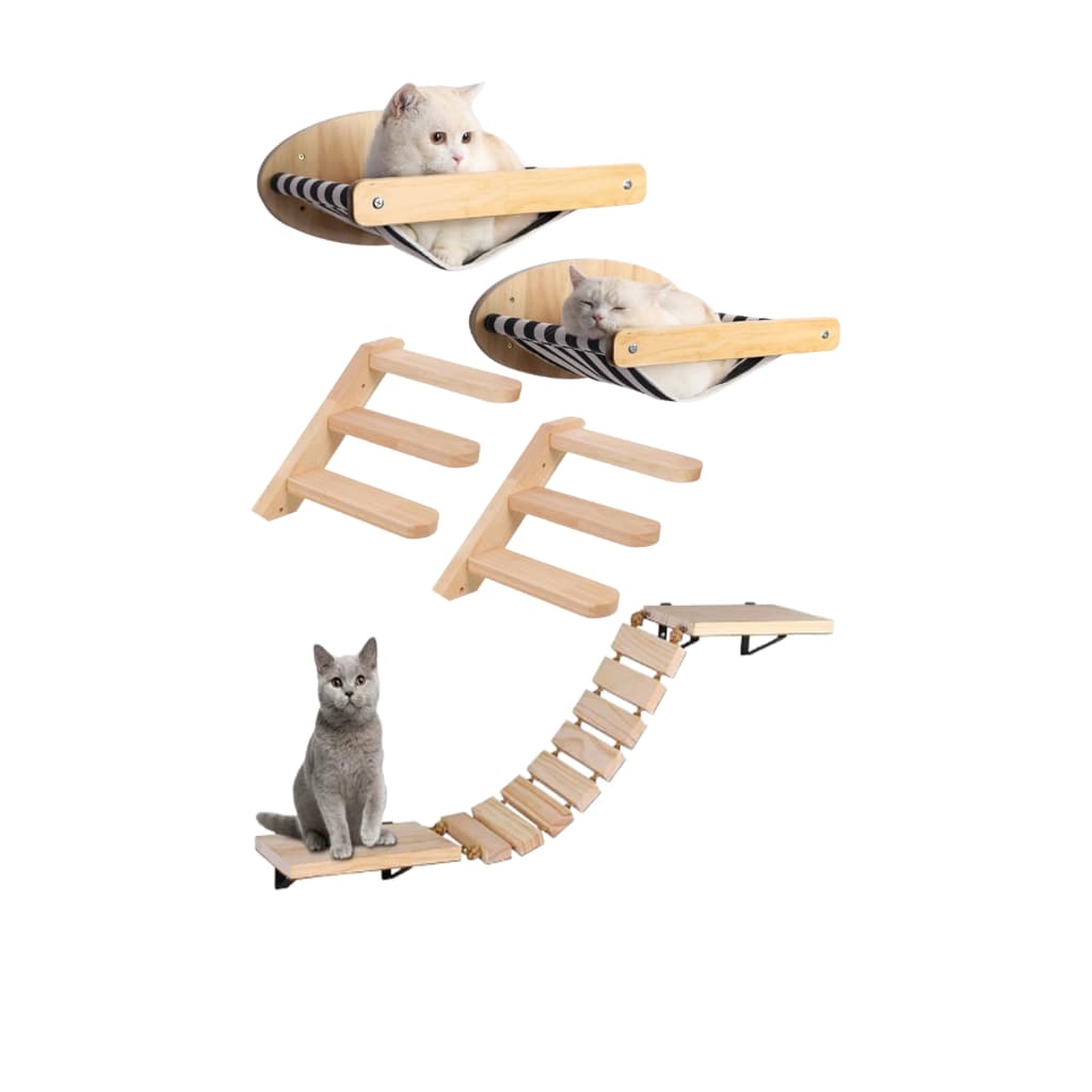Kit com 2 camas para gato + 2 escadas + 1 ponte em madeira natural