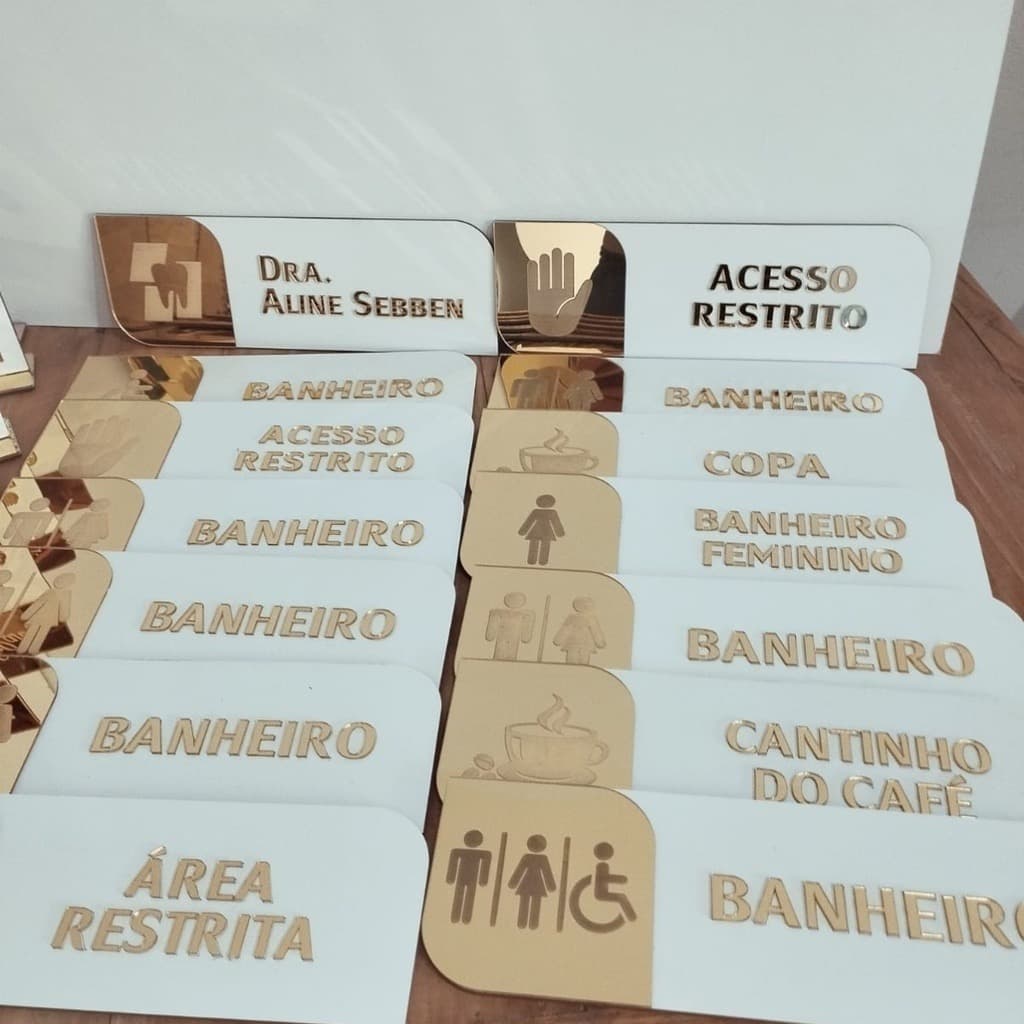 KIT 09 Placas Sinalização de Porta Mdf com Acrílico Espelhado Personalizada Identificação.