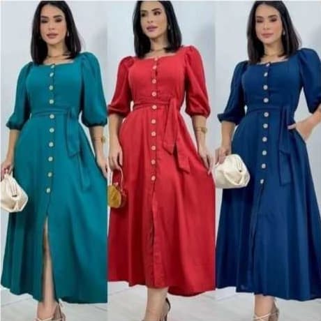 Vestido Mídi Feminino com Botão na frente  funcional com cinto