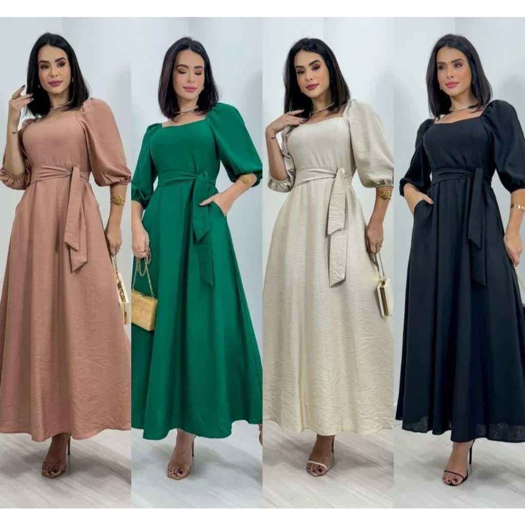 Vestido Midi Longo Manga 3/4 – Elegância e Conforto