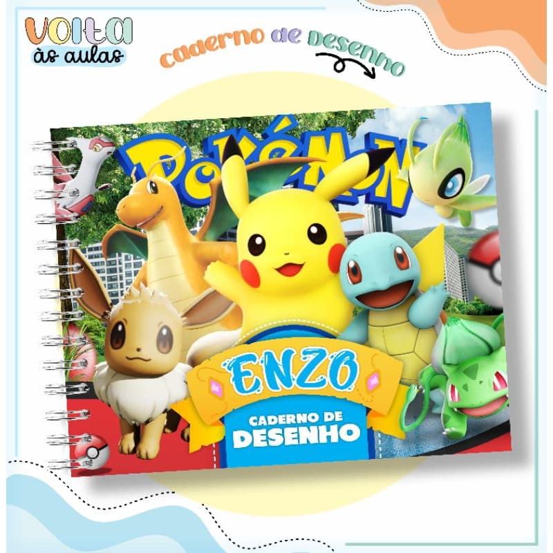 Caderno de desenho, Caderno meia pauta, Caderno de Caligrafia POKEMON GO Personalizado com Nome