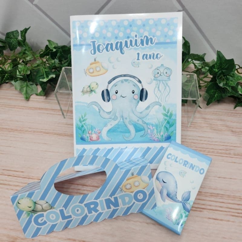 Kit Colorir Fundo do Mar Azul Personalizado | Lembrancinha Festa Infantil | Livrinho + Giz de Cera | Qualquer Tema