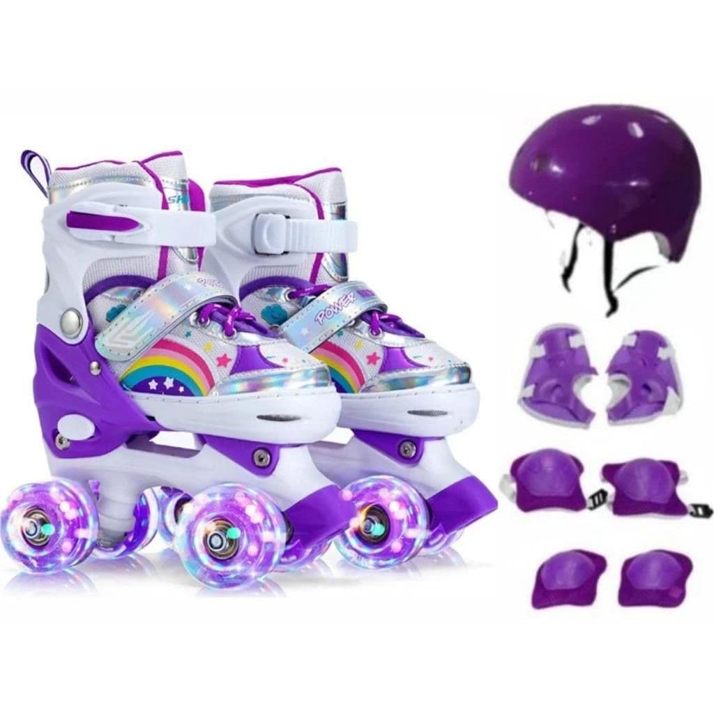 Patins Infantil De 4 Rodas Roxo Sereia Com Luz De Led Com Protecao Patins Criança Menina Promoção LANCAMENTO
