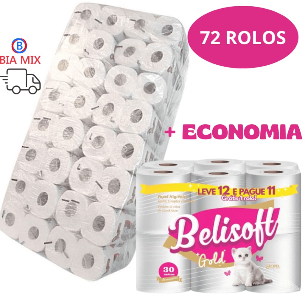 PAPEL HIGIENICO BELISOFT GOLD BR I - 72/12 X 30 METROS  -FOLHA SIMPLES - 72 ROLOS + ECONOMIA