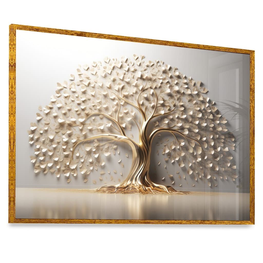 Quadro Decorativo VIDRO Árvore Branco e Dourado Minimalista Exclusiva Art Parede