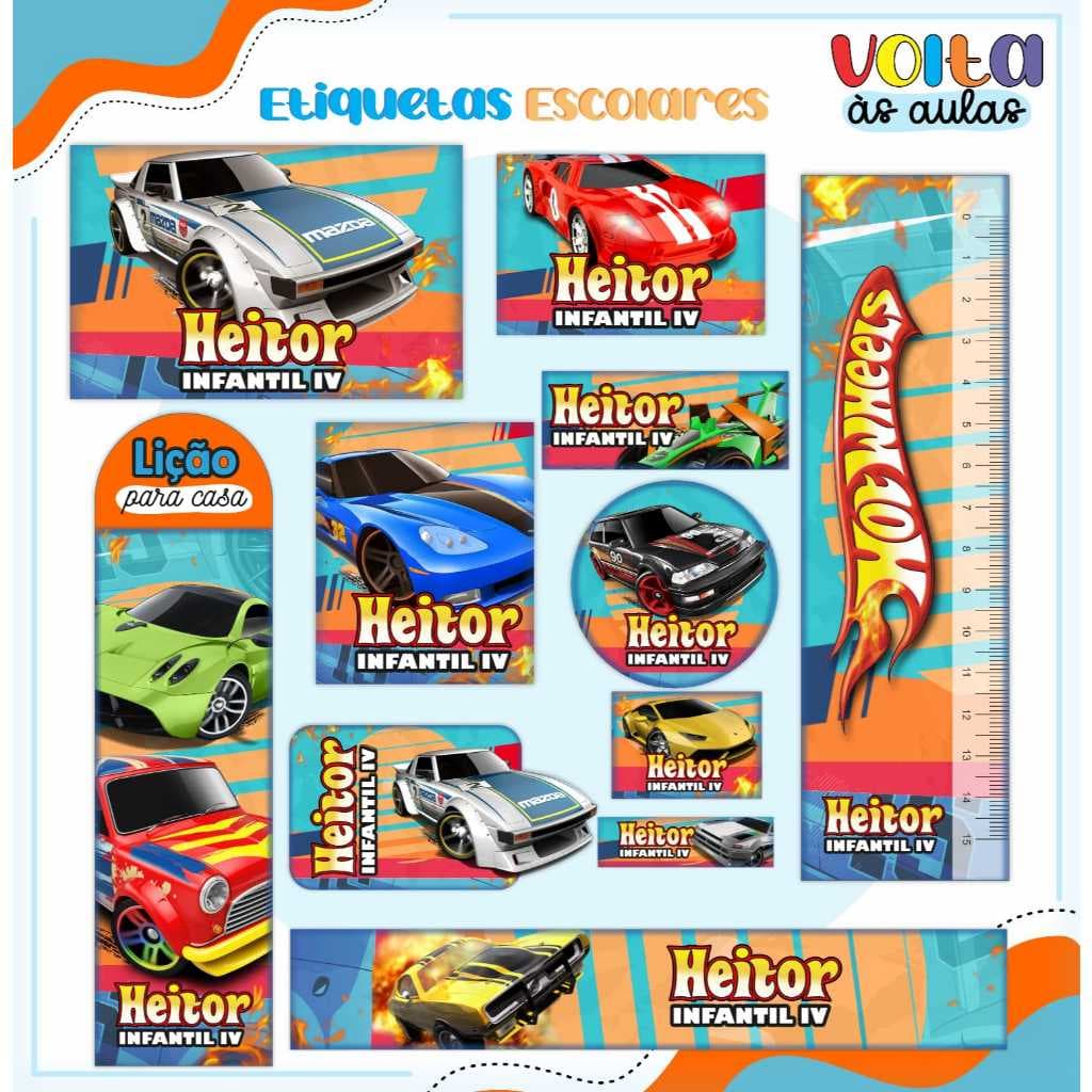 Kit de Etiqueta Escolar HOT WHEELS Personalizada - Etiqueta Escolar - Etiqueta para material escolar