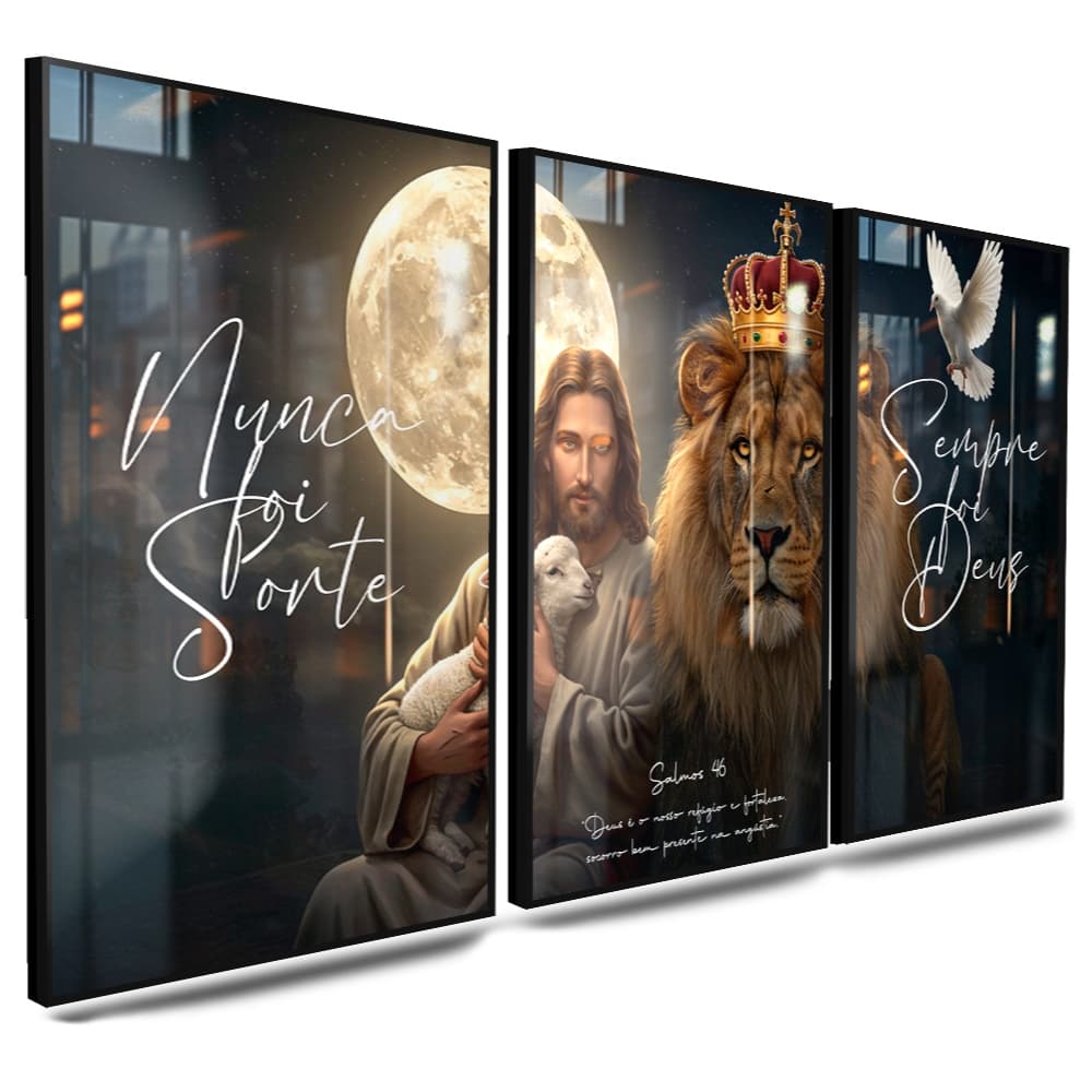 Kit Quadros Decorativos com 3 peças Salmo 46 Mensagem de Fé Divino Espírito Santo Jesus Cordeiro de Deus Lua Brilhante
