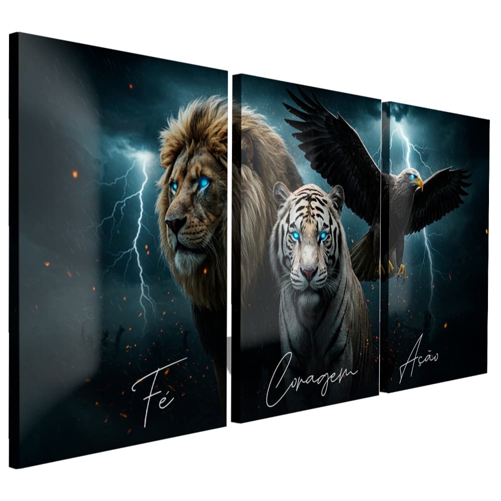 Kit Quadros Decorativos com 3 peças Trio Fé Coragem e Ação Animais Poderosos Leão Tigre e Águia Energia Inspiradora