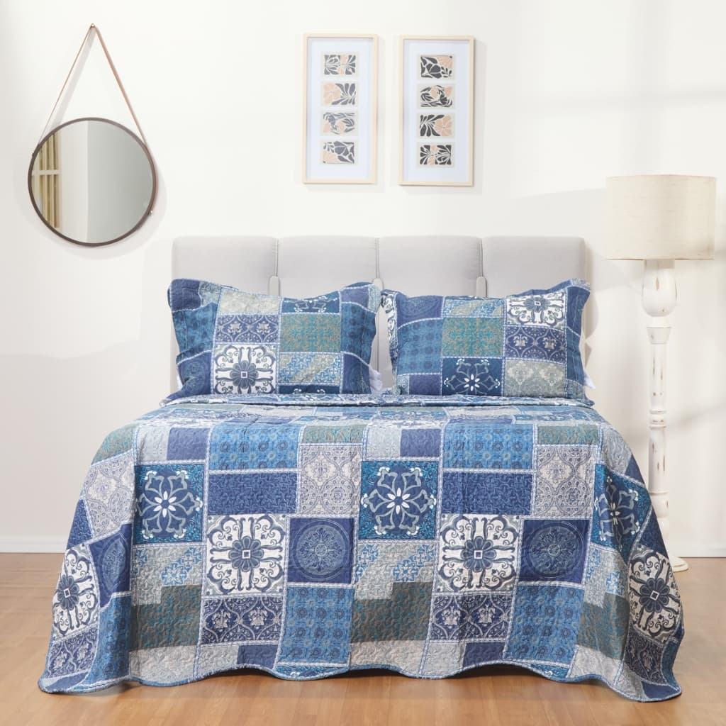 Kit Cobre Leito Colcha Queen 3 Peças Estampada Azul Tendência Porta Travesseiro de Alta Qualidade