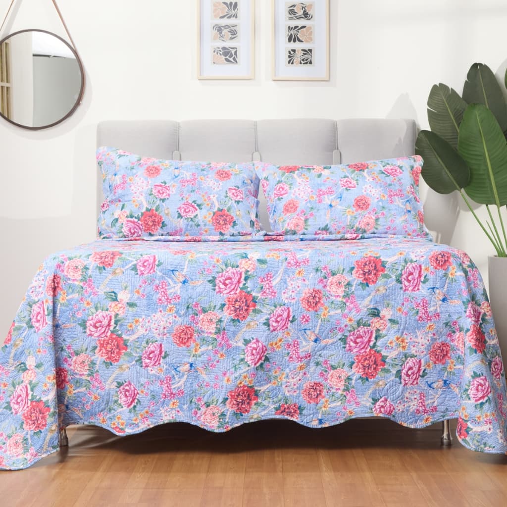Kit Cobre Leito Colcha Queen 3 Peças Estampada Lavanda Porta Travesseiro de Alta Qualidade
