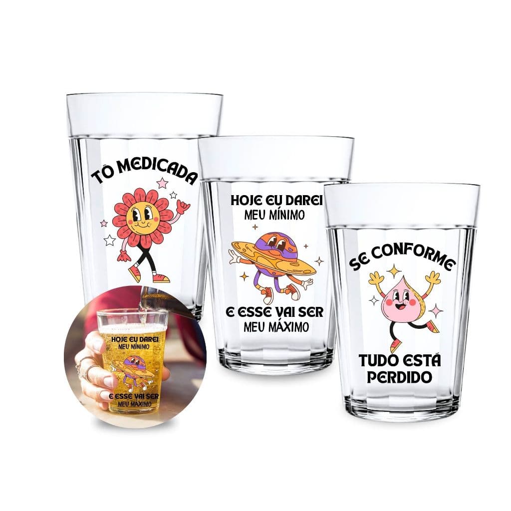 Jogo 3 Copos Americanos Personalizados Frase Meme Desmotivacional Vidro Café Cerveja