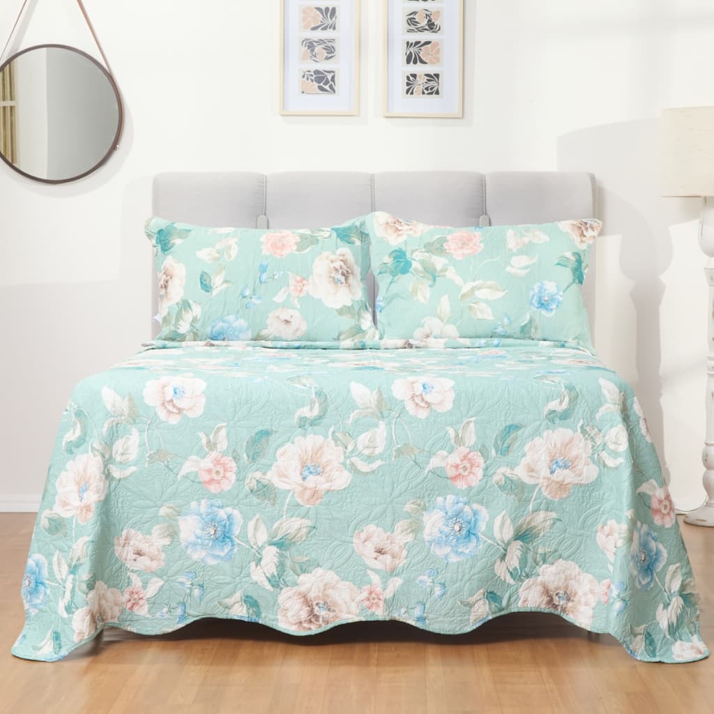 Kit Cobre Leito Colcha Queen 3 Peças Estampada Floral Porta Travesseiro de Alta Qualidade