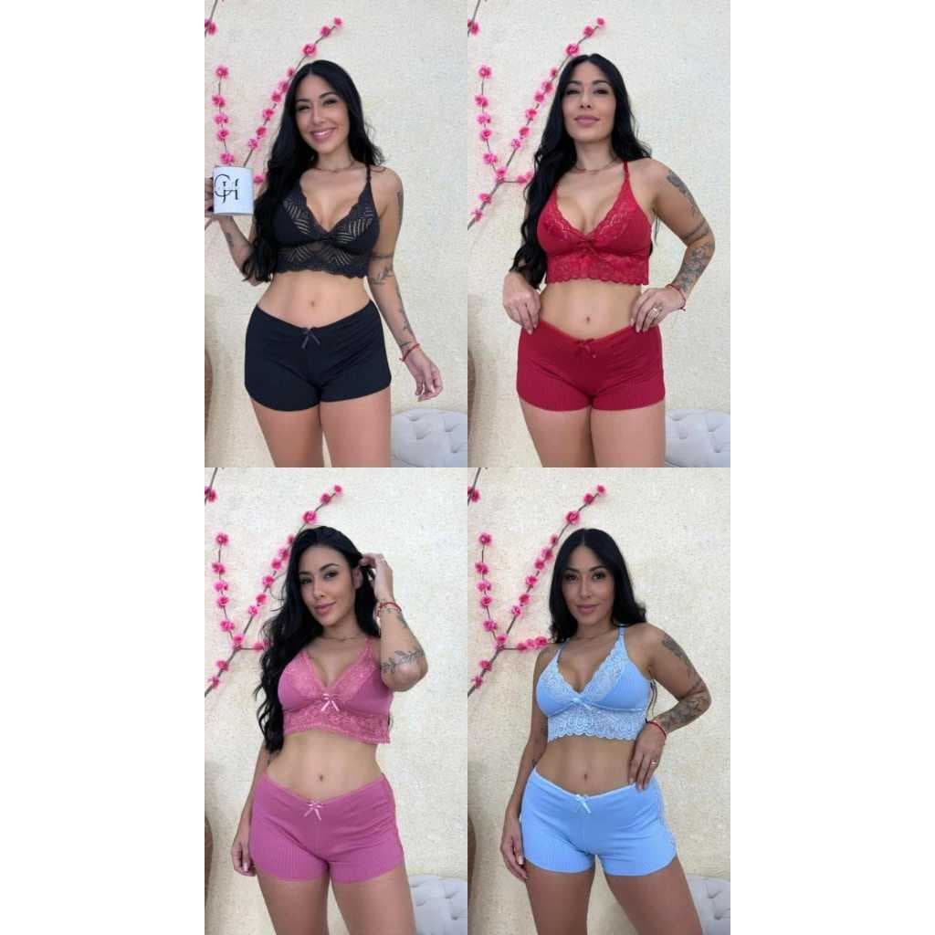 Kit 3 Baby Doll Feminino Suede Canelado Top Doll  com Detalhes em Renda Linha Noite