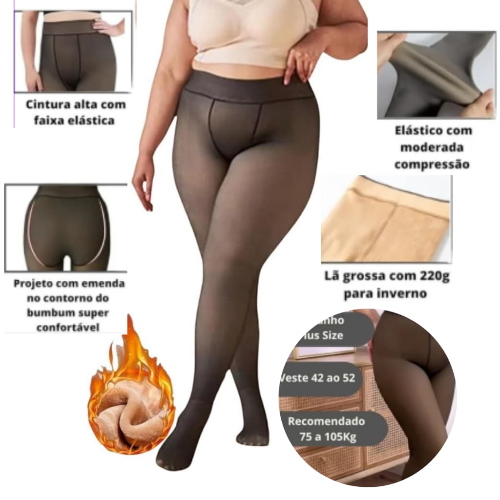 Meia CalçaTérmica Pluss Size Feminina Peluciada Translúcida de Lã Slim Com Pé 42 ao 50