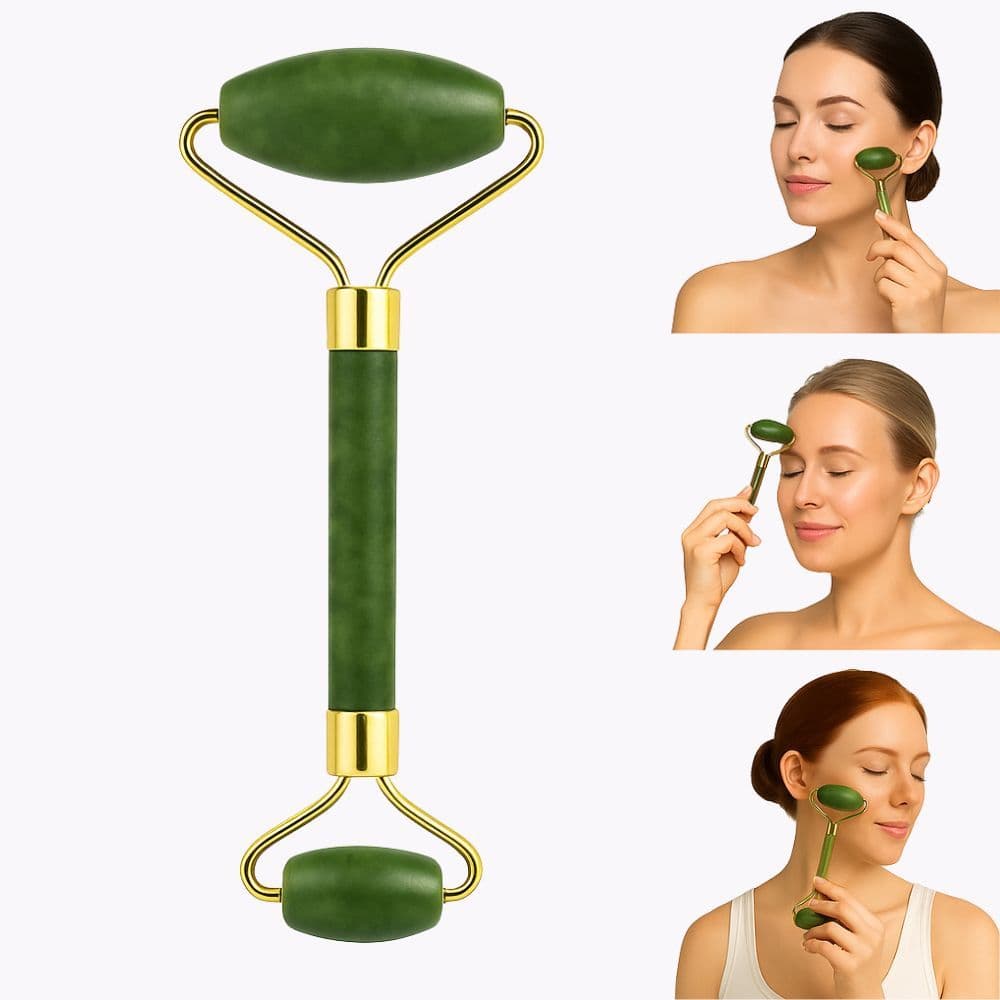 Rolo Pedra Jade Verde para Massagem Facial Skincare Reduz Inchaço Hidratação Relaxamento Pele
