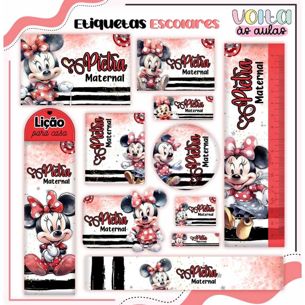Kit de Etiqueta Escolar MINNIE VERMELHA Personalizada - Etiqueta Escolar - Etiqueta para material escolar