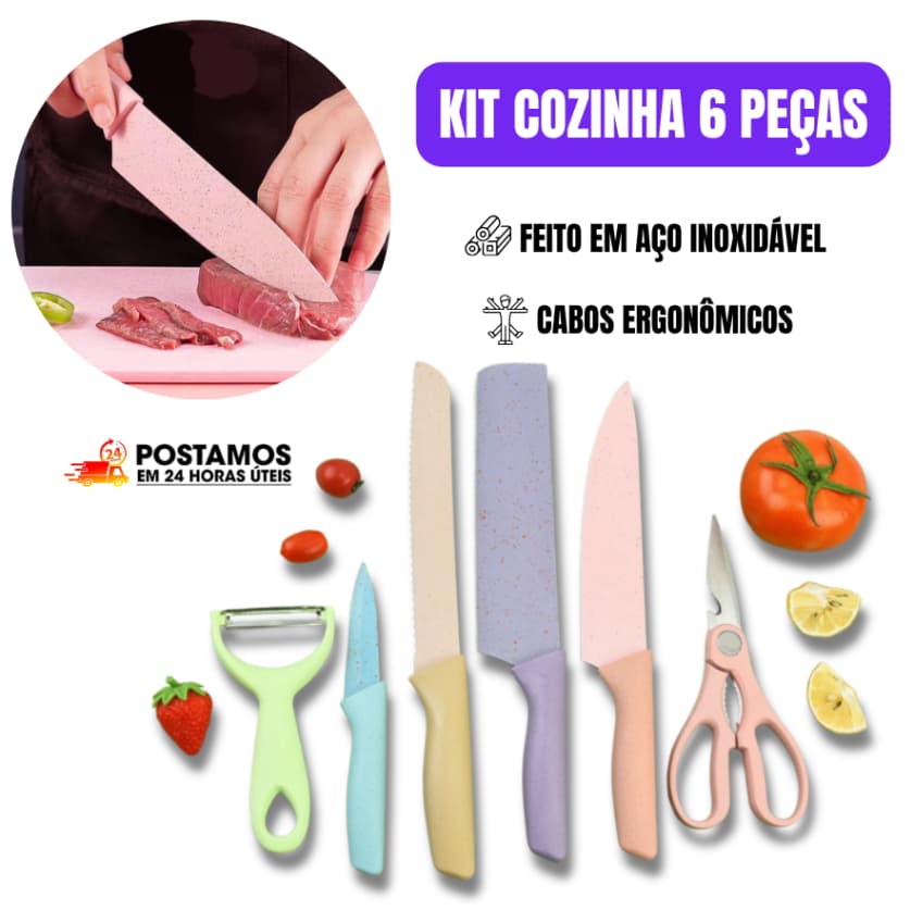 Kit Jogo de Faca 6 Peças Coloridas Cozinha Aço Inoxidável Profissional Gourmet Descascador Tesoura
