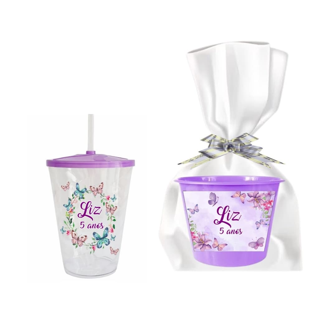 10 Copos Twister + 10 Baldes de Pipoca Kit Festa Personalizado Jardim das Borboletas com embalagem