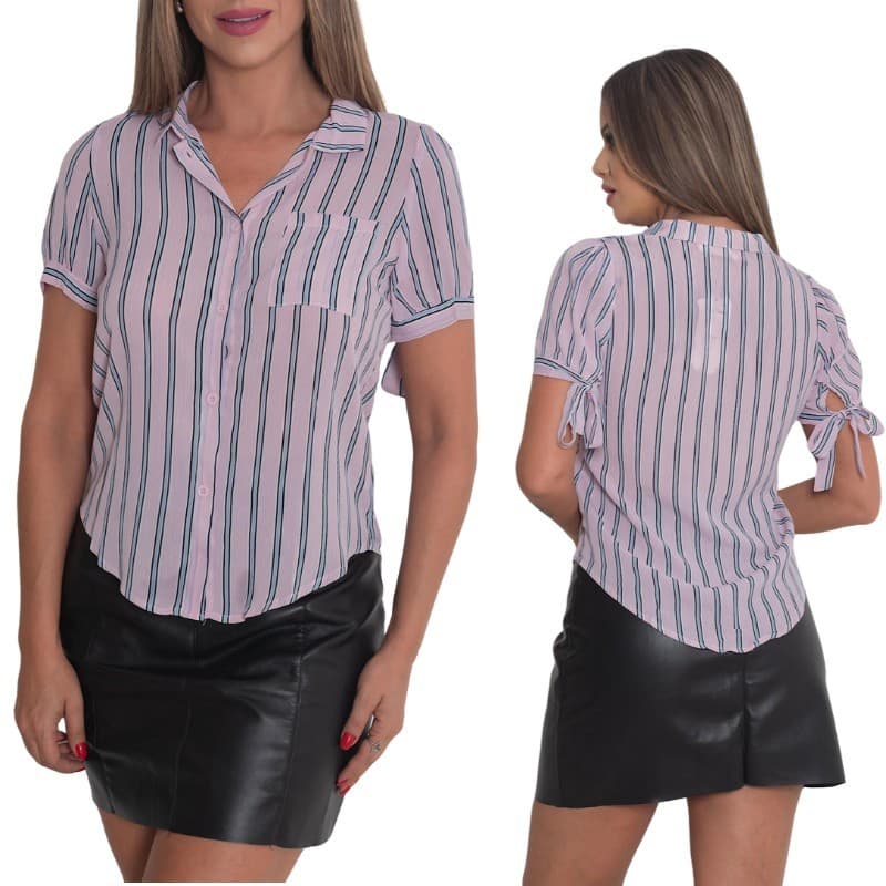Blusa Femenina Elegante Estilo Camisola Listrado Com Botao Em frente