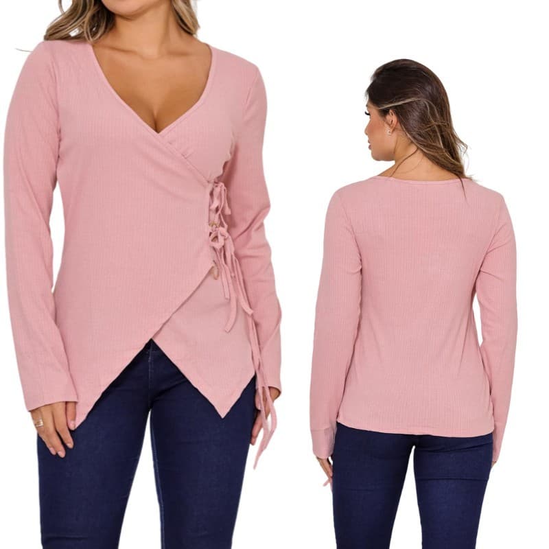 Blusa Femenina Elegante Manga Longa Com Cordinha Para Amarrar Do Ladado