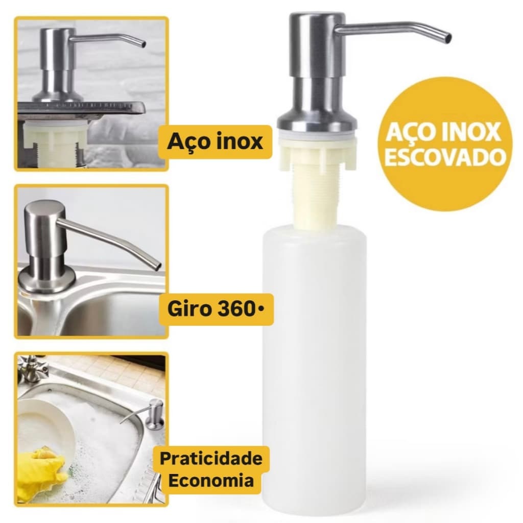 Dispenser Detergente Porta Sabonete Líquido Embutir 350ml Inox Pia Cozinha Dosador Limpeza