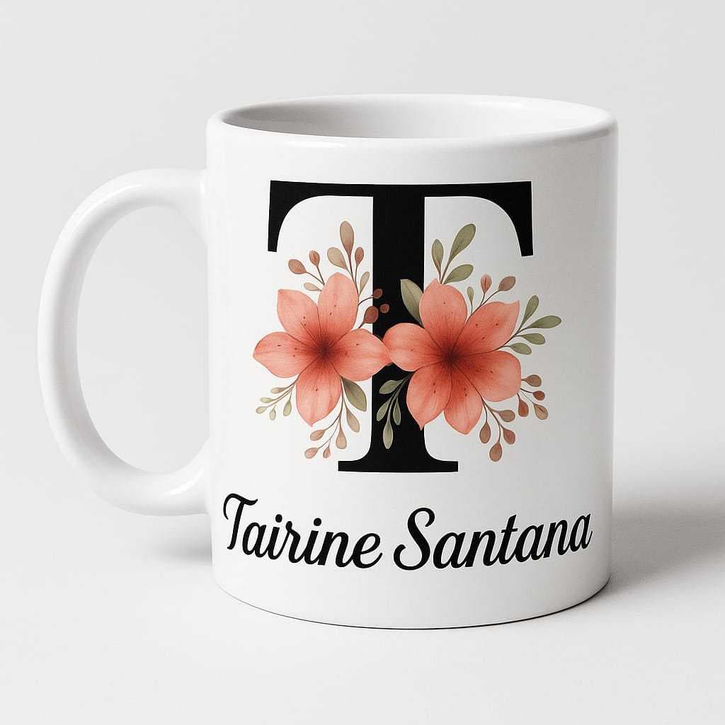 Caneca Personalizada Inicial Floral Arte Exclusiva