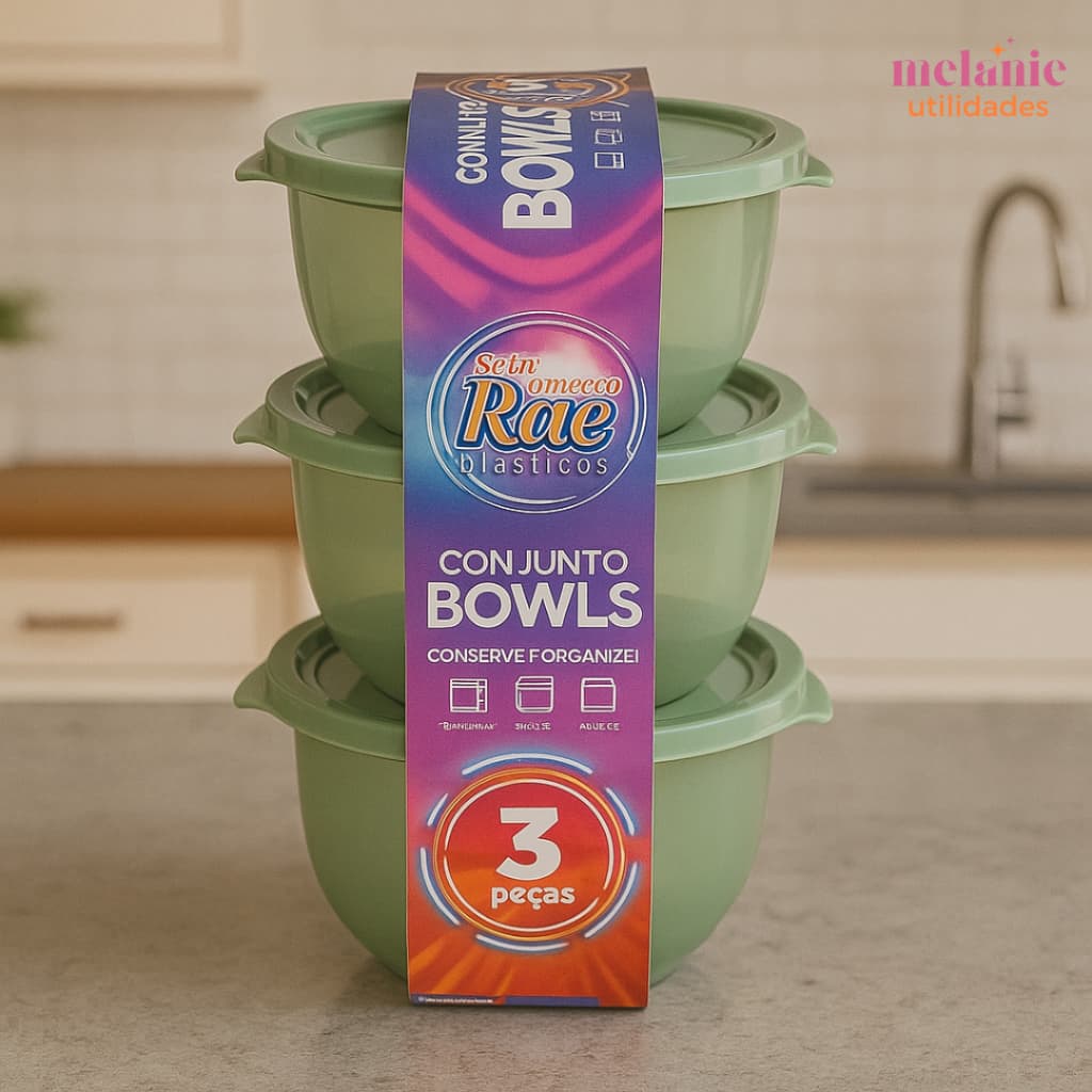 Kit 3 Bowls de 350ml de Plástico Verde com Tampa Jogo com 3 Peças