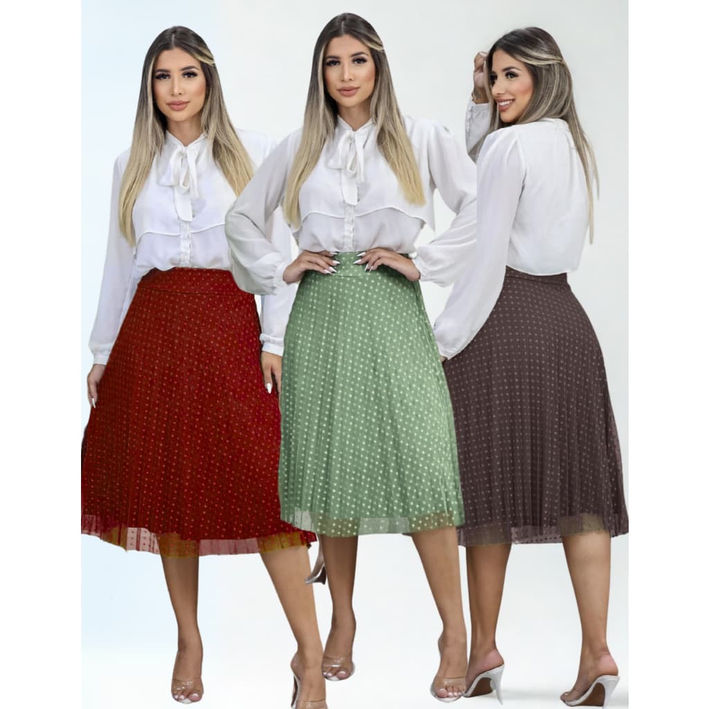 Saia Midi Plissado Tule Poa com Forro Helanca Light Moda Evangélica