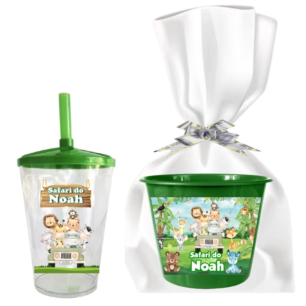 10 Copos Twister + 10 Baldes de Pipoca Kit Festa Personalizado Safari com embalagem